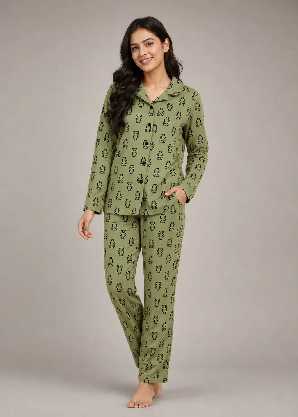 Olive Panda Print Woolen Winter Co-ord Set