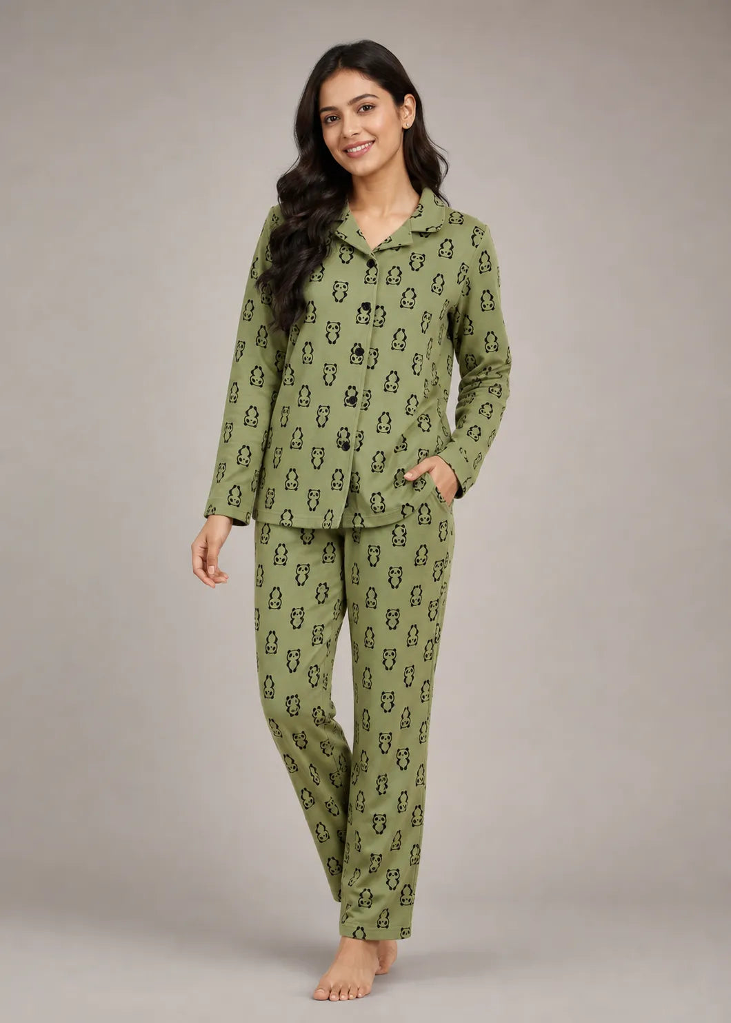 Olive Panda Print Woolen Winter Co-ord Set