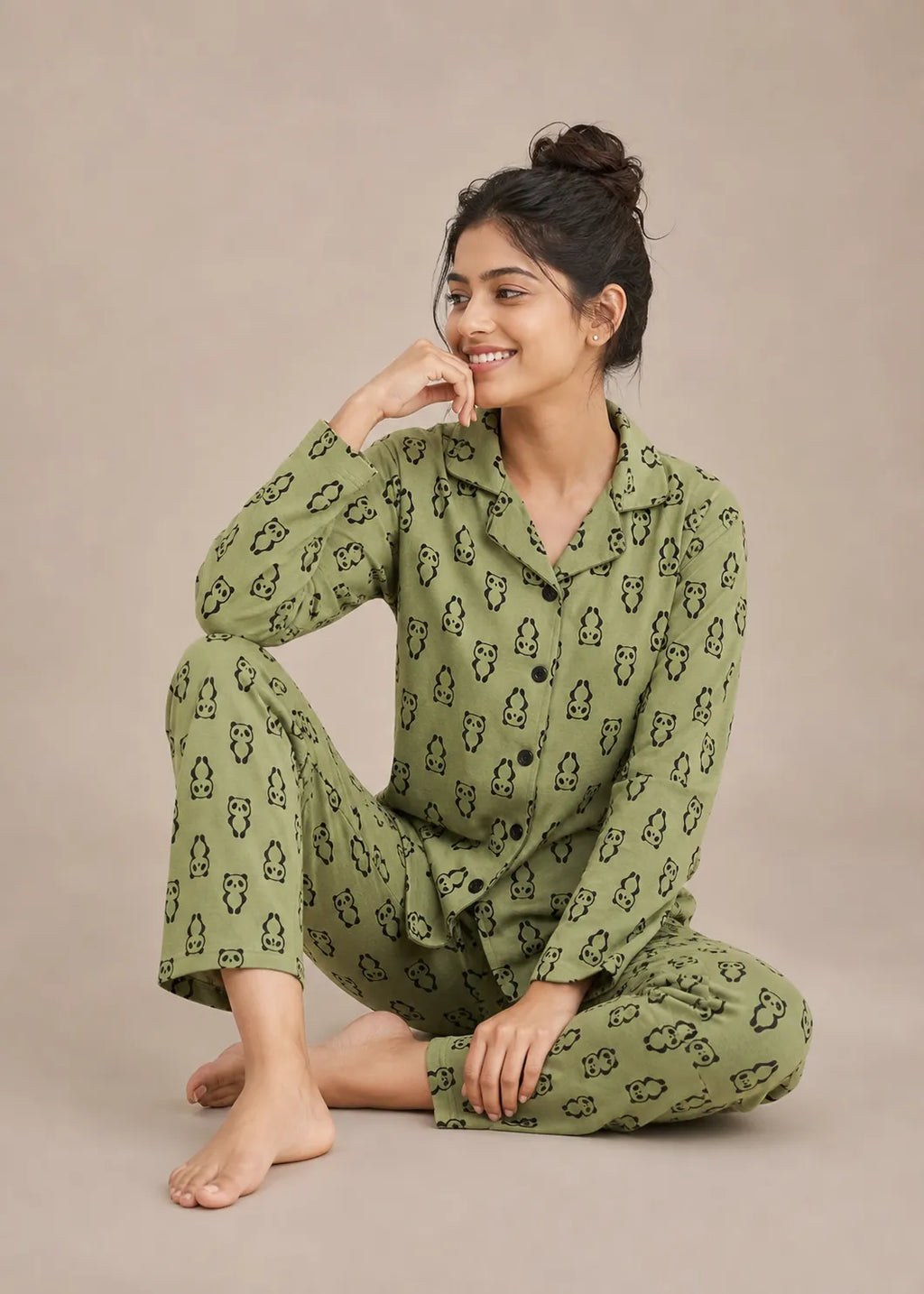Olive Panda Print Woolen Winter Co-ord Set