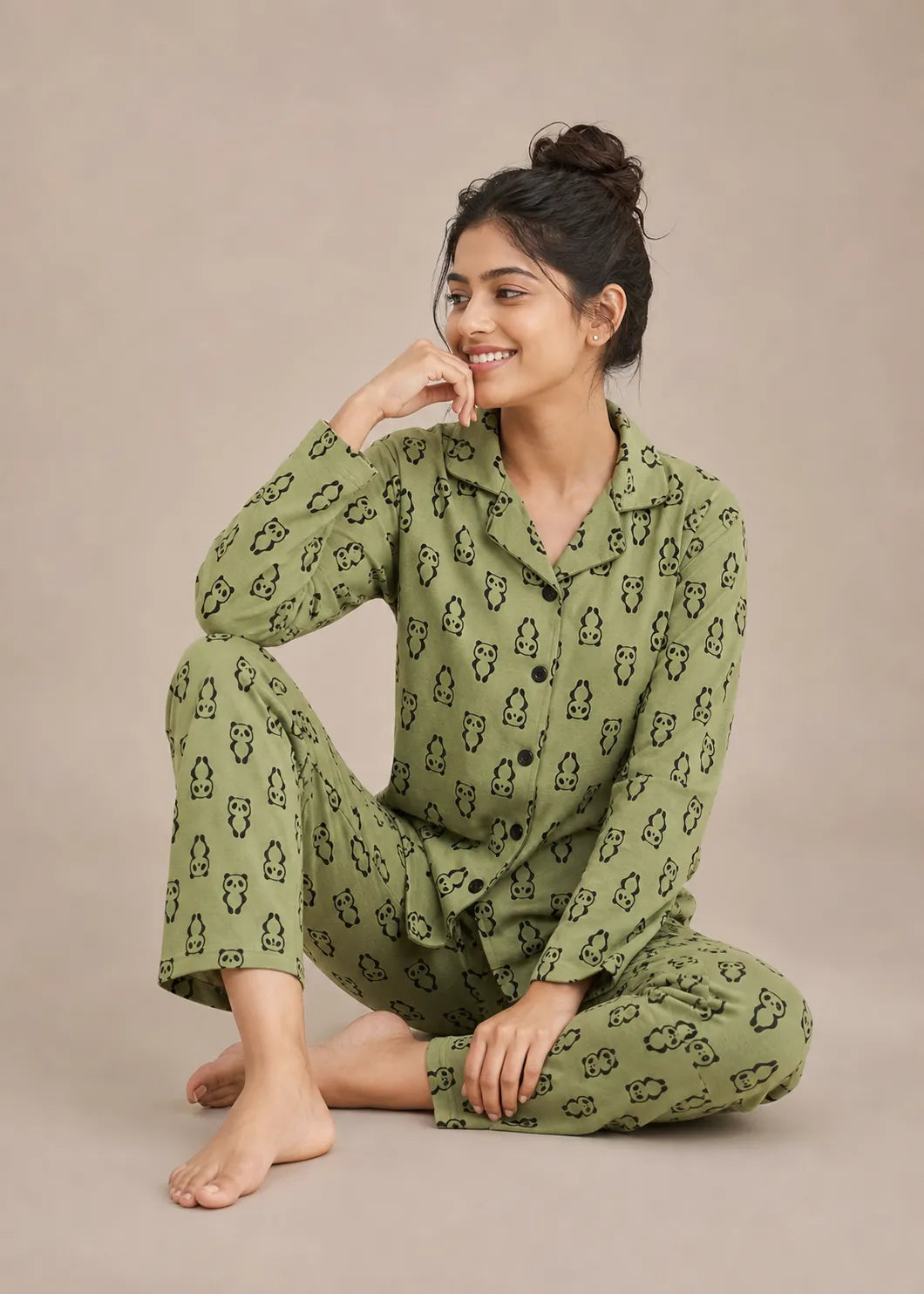 Olive Panda Print Woolen Winter Co-ord Set