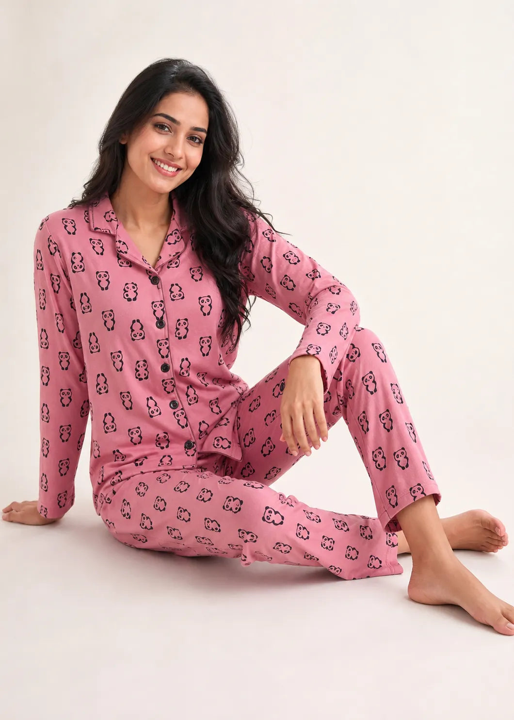Pink Panda Print Woolen Winter Co-ord Set