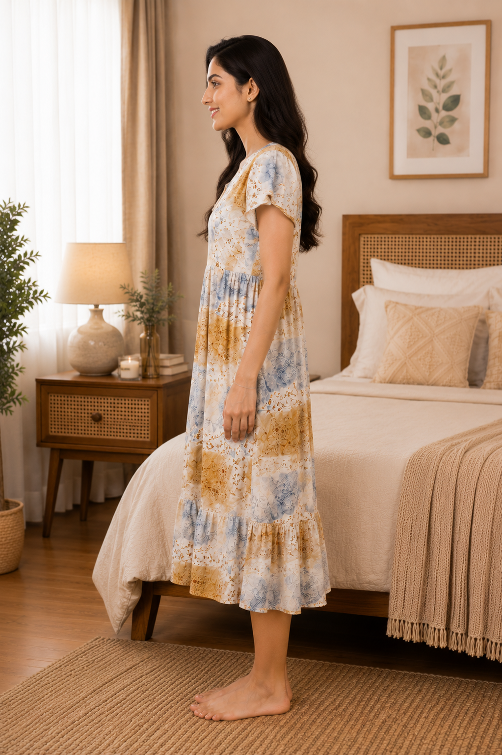 Beige and Grey Abstract Short Nighty