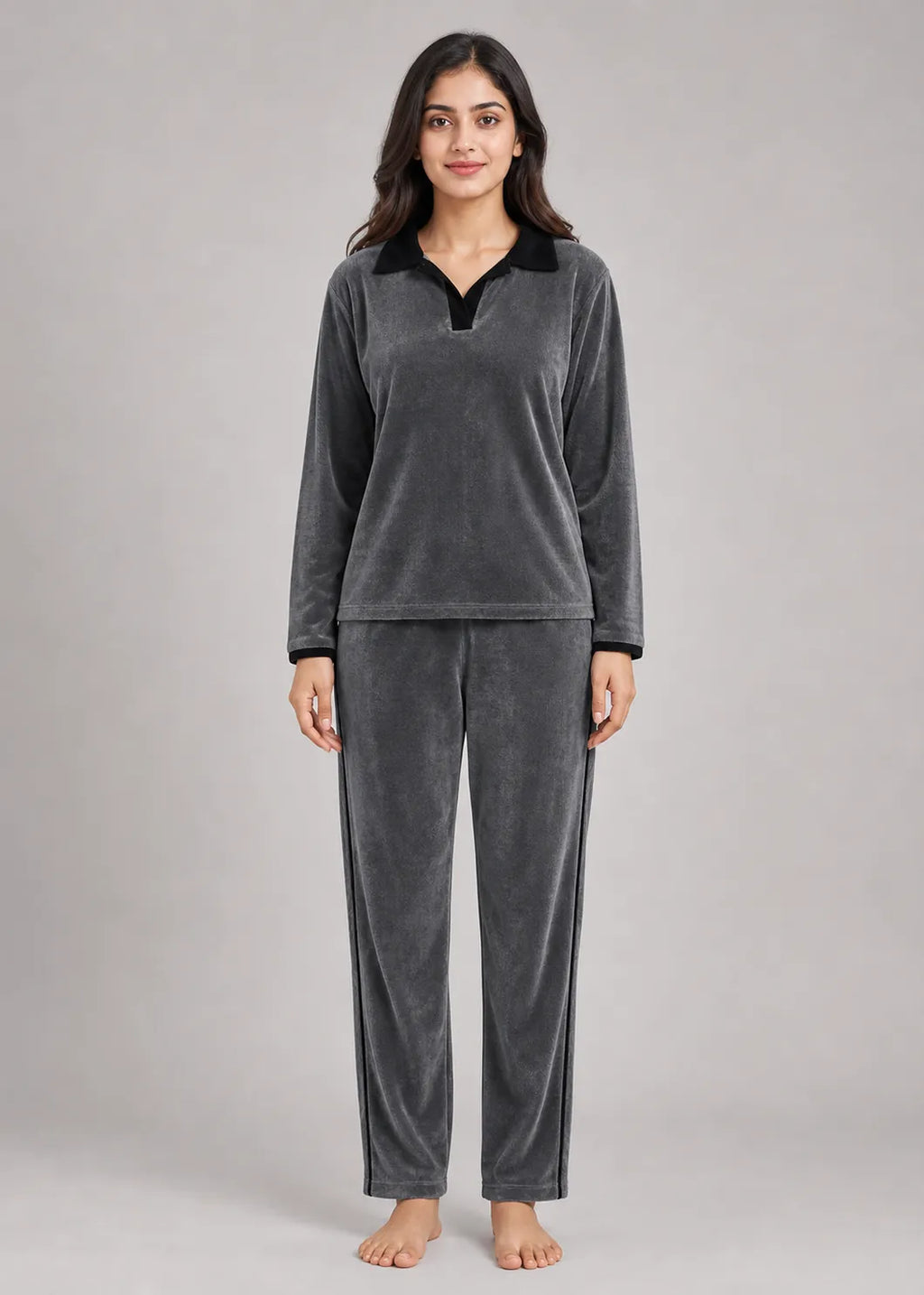 Charcoal Velvet Polo Neck Winter Co-ord Set
