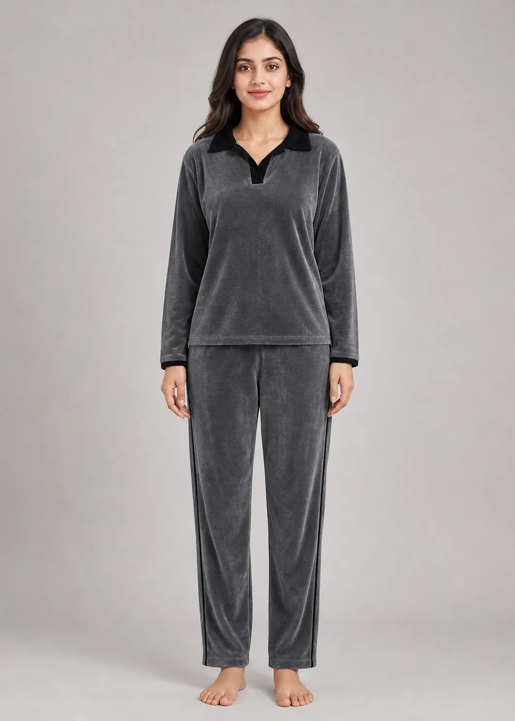 Charcoal Velvet Polo Neck Winter Co-ord Set