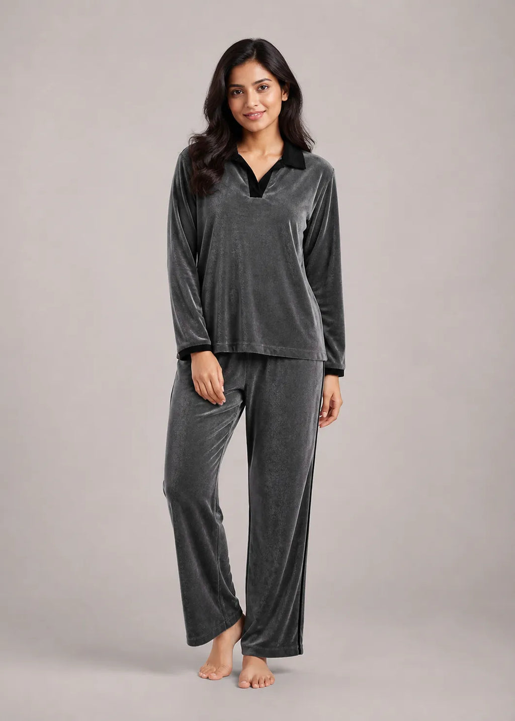 Charcoal Velvet Polo Neck Winter Co-ord Set