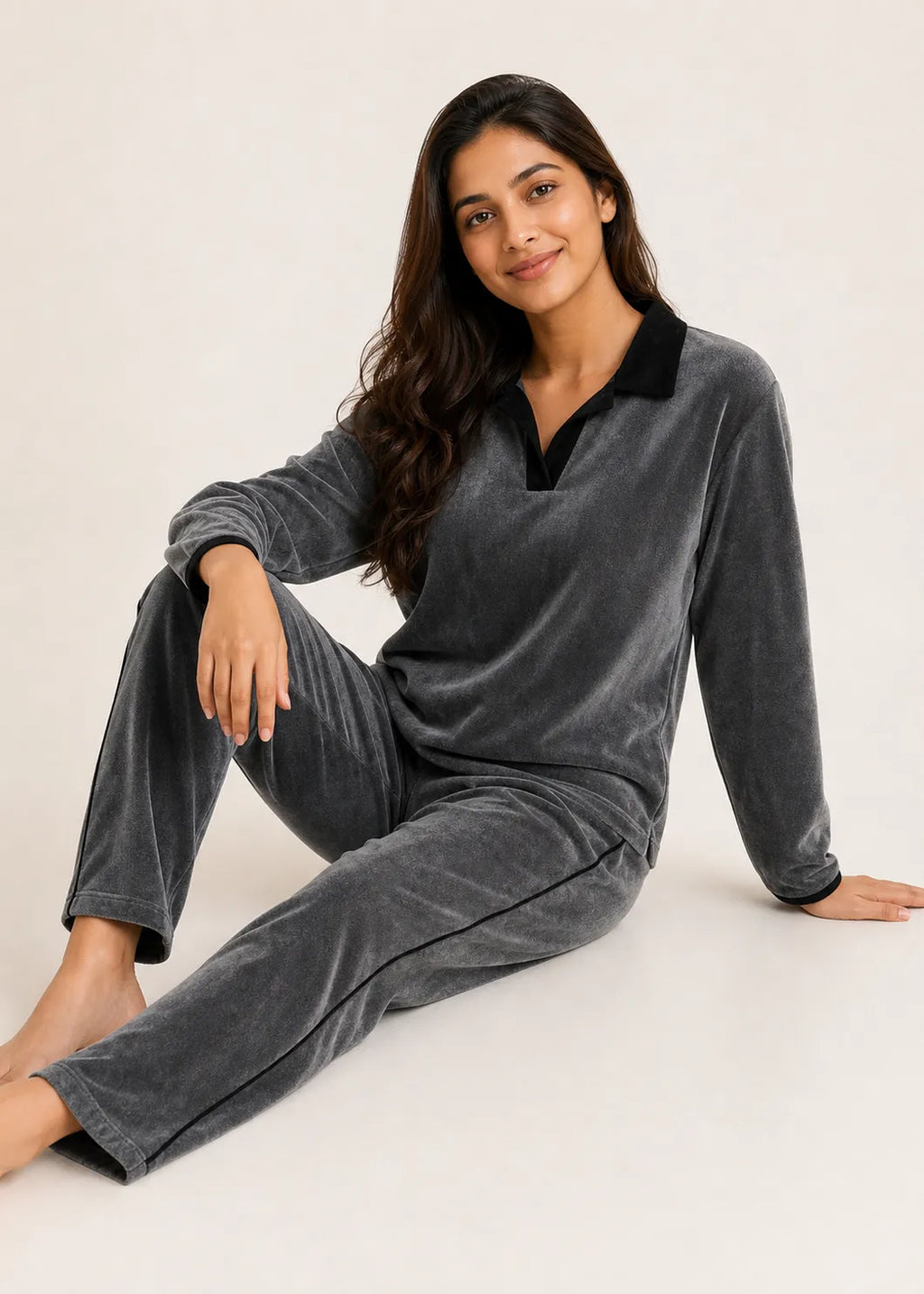 Charcoal Velvet Polo Neck Winter Co-ord Set