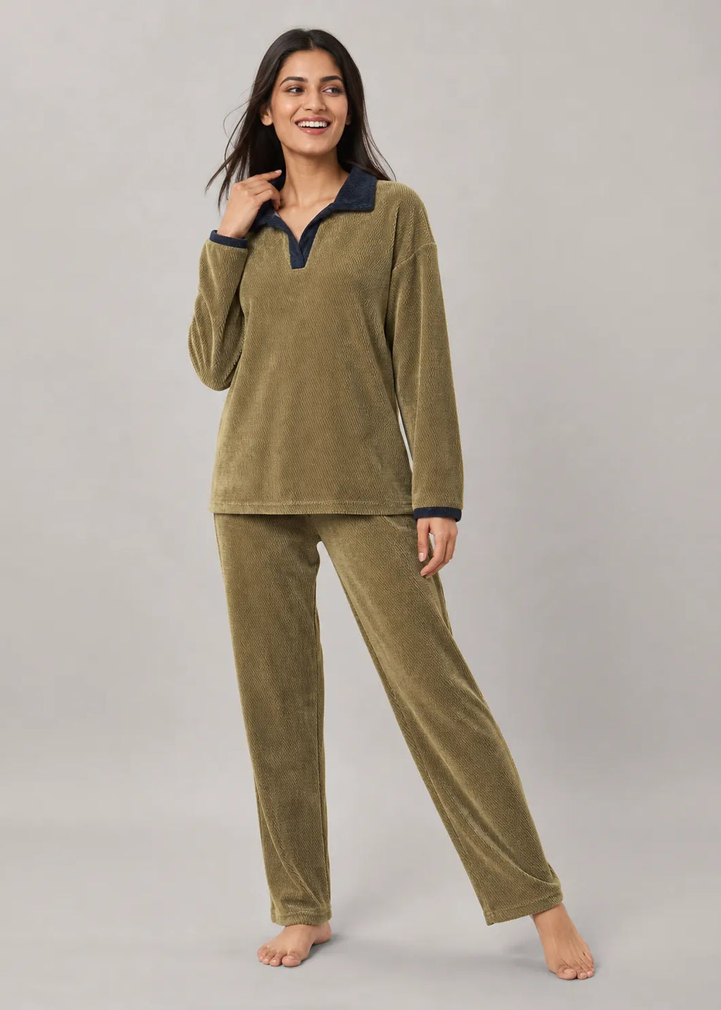 Olive Velvet Polo Neck Winter Co-ord Set