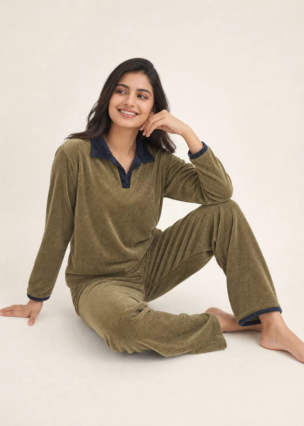 Olive Velvet Polo Neck Winter Co-ord Set