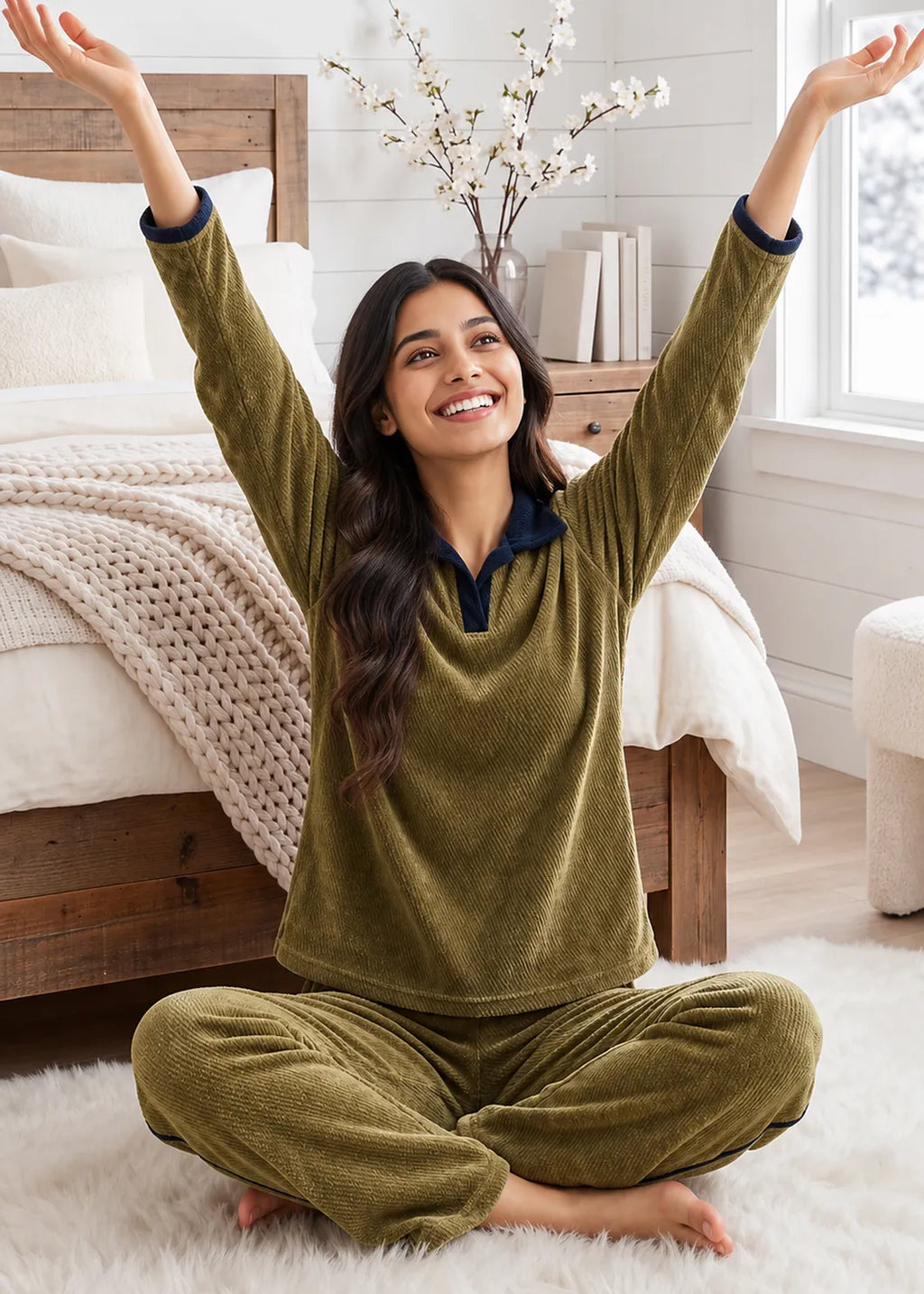 Olive Velvet Polo Neck Winter Co-ord Set
