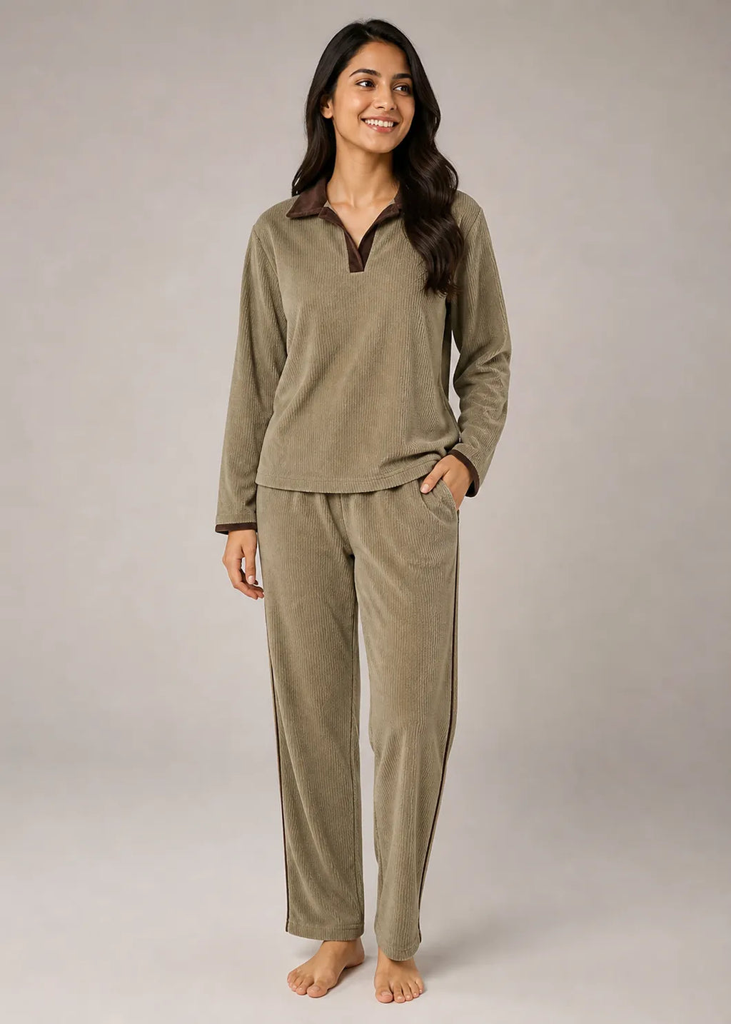 Khaki Velvet Winter Co-ord Set