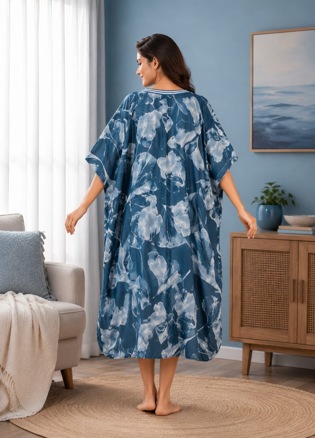 Blue Abstract Leaf Short Kaftan Nightgown