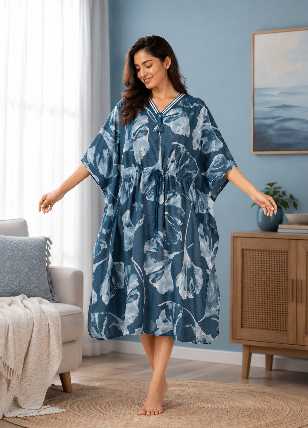 Blue Abstract Leaf Short Kaftan Nightgown
