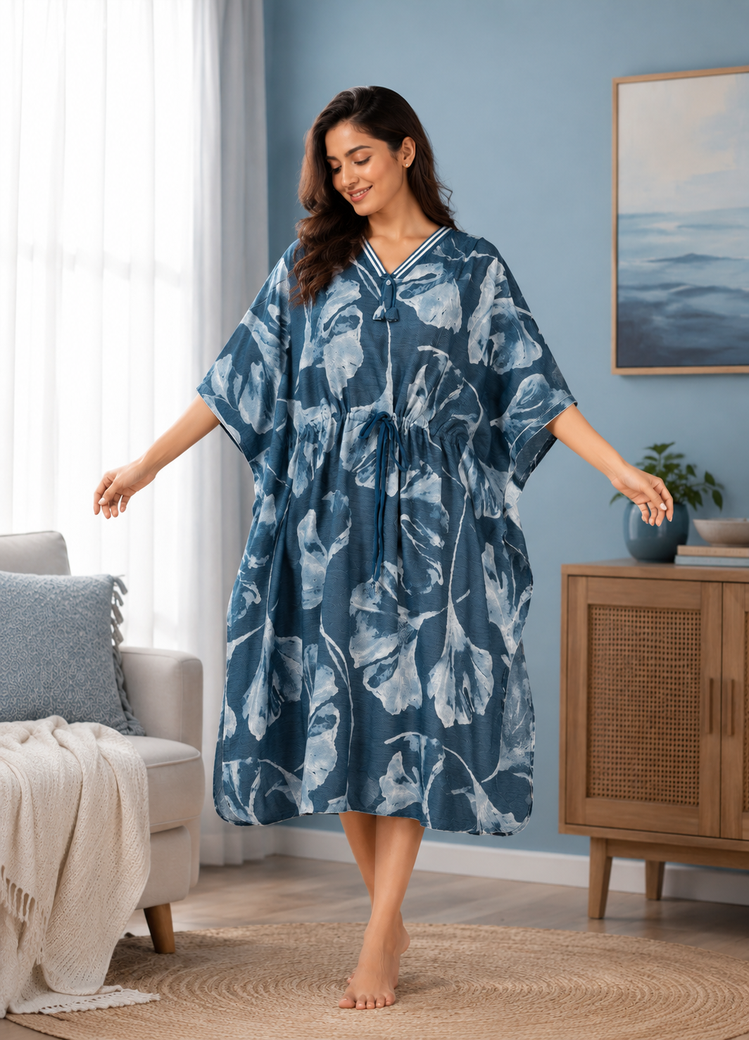 Blue Abstract Leaf Short Kaftan Nightgown