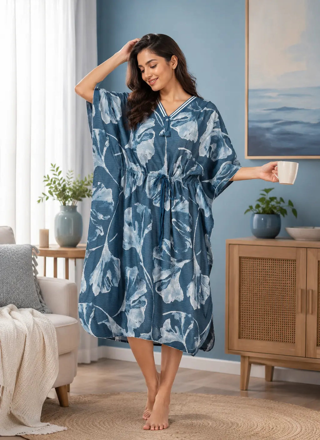 Blue Abstract Leaf Short Kaftan Nightgown