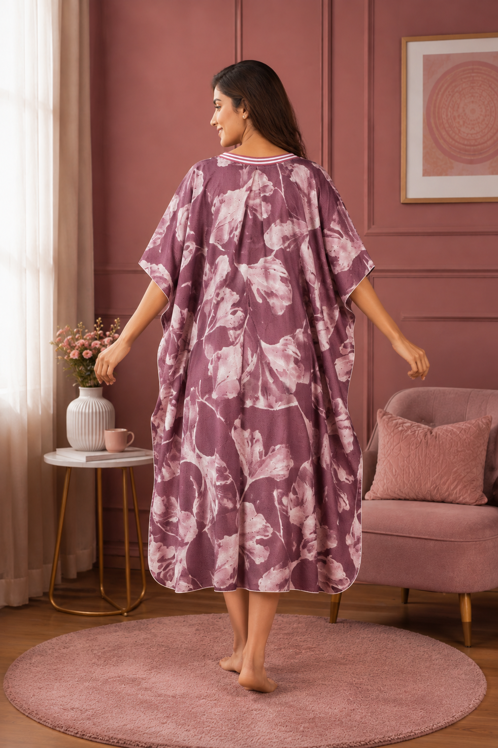 Plum Abstract Leaf Short Kaftan Nightgown