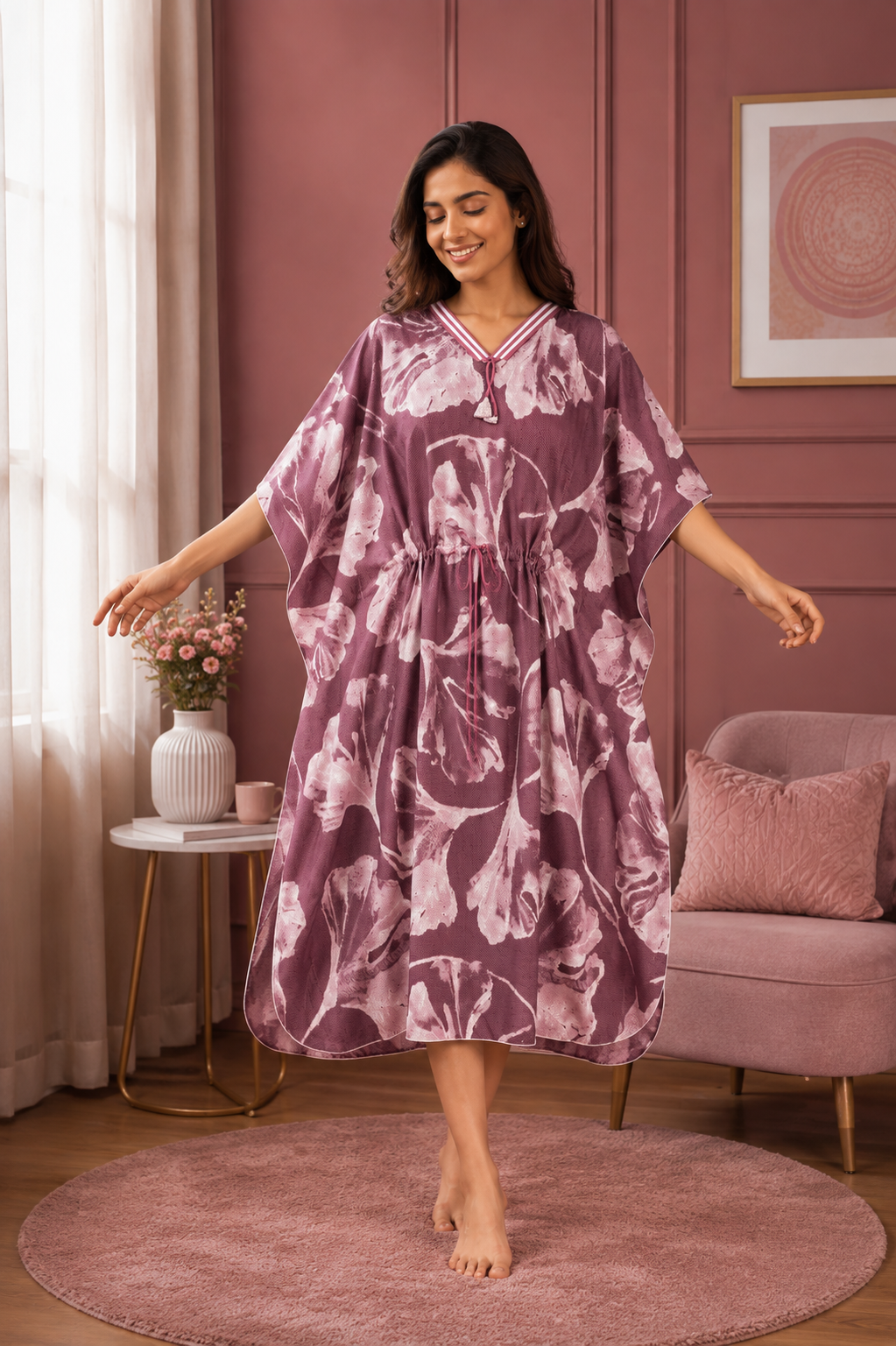 Plum Abstract Leaf Short Kaftan Nightgown