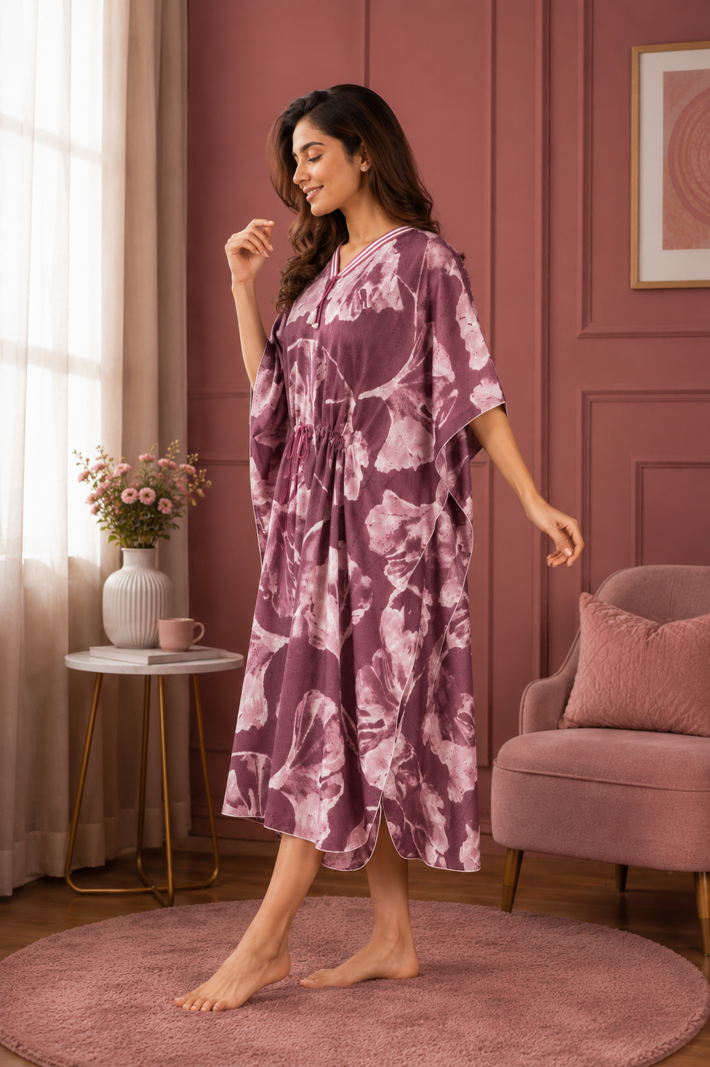 Plum Abstract Leaf Short Kaftan Nightgown