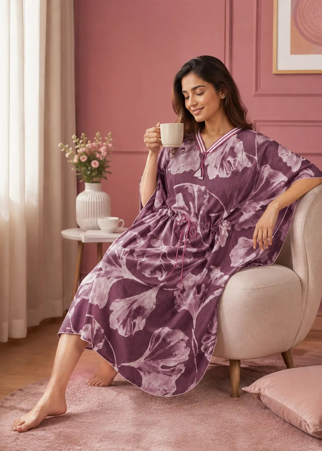 Plum Abstract Leaf Short Kaftan Nightgown