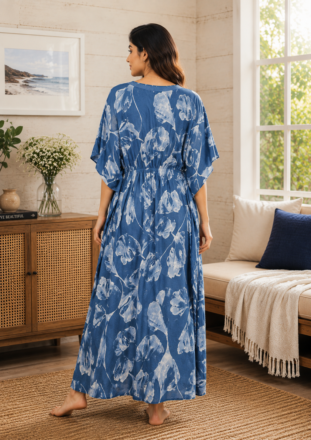 Steel Blue Botanical Kaftan Nighty