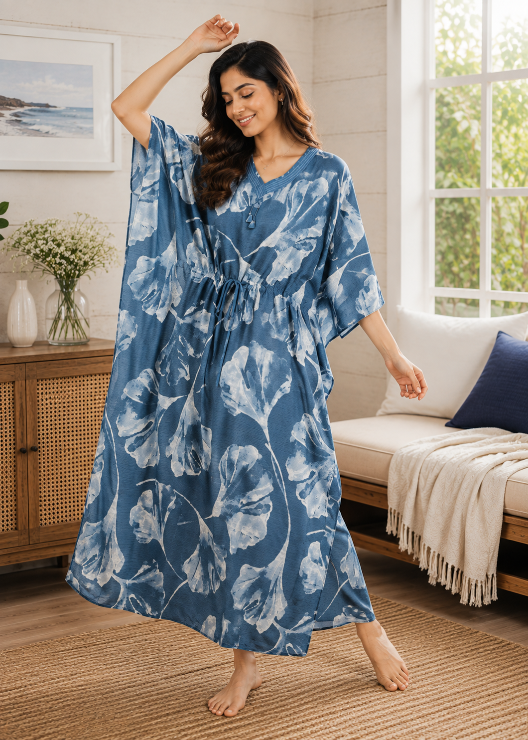 Steel Blue Botanical Kaftan Nighty