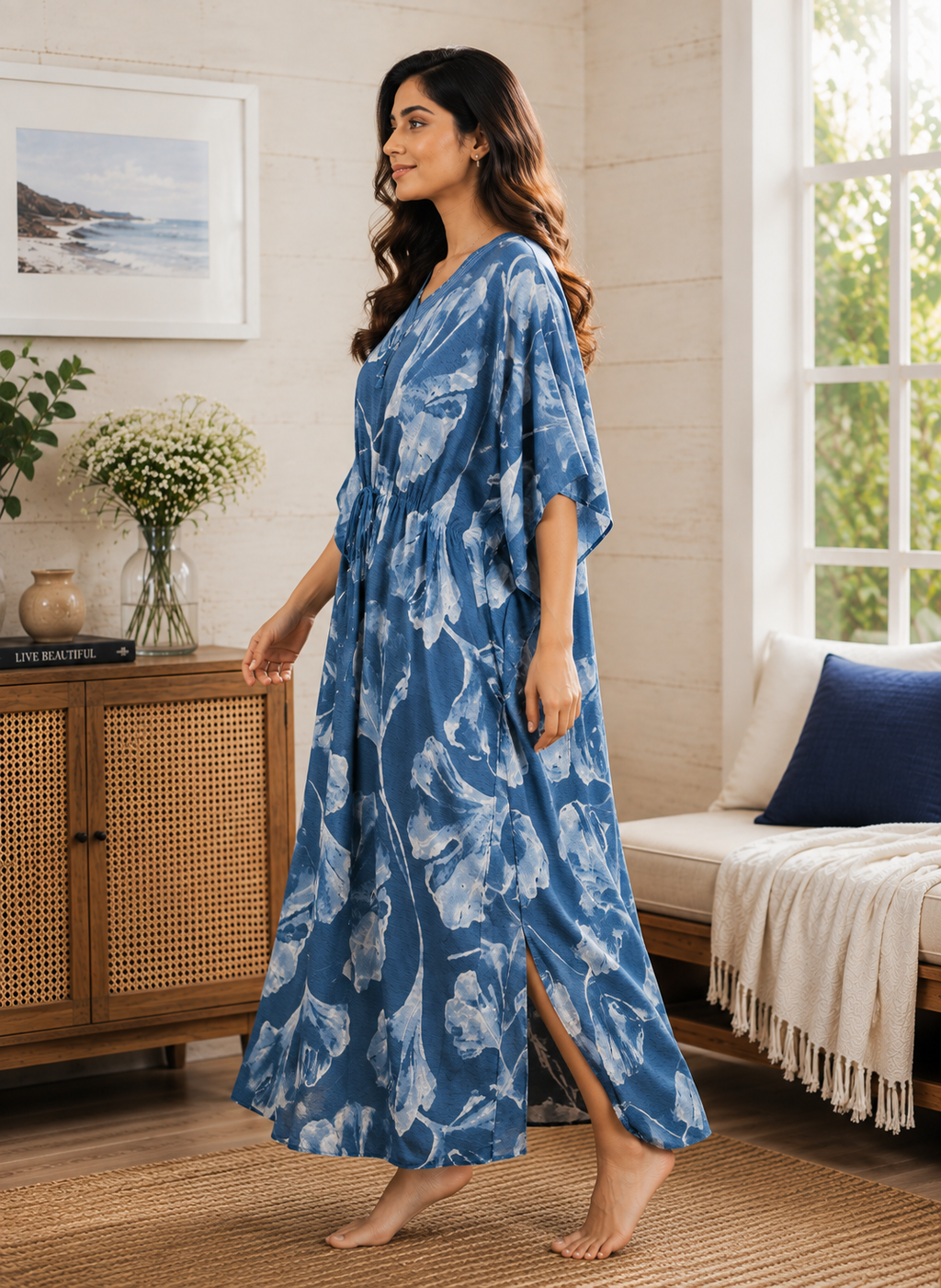 Steel Blue Botanical Kaftan Nighty
