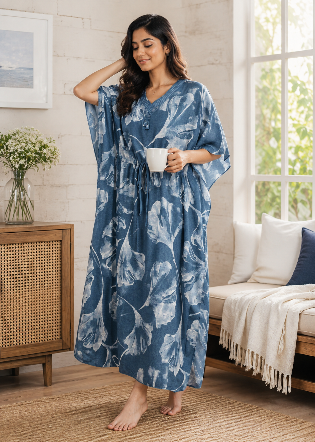 Steel Blue Botanical Kaftan Nighty