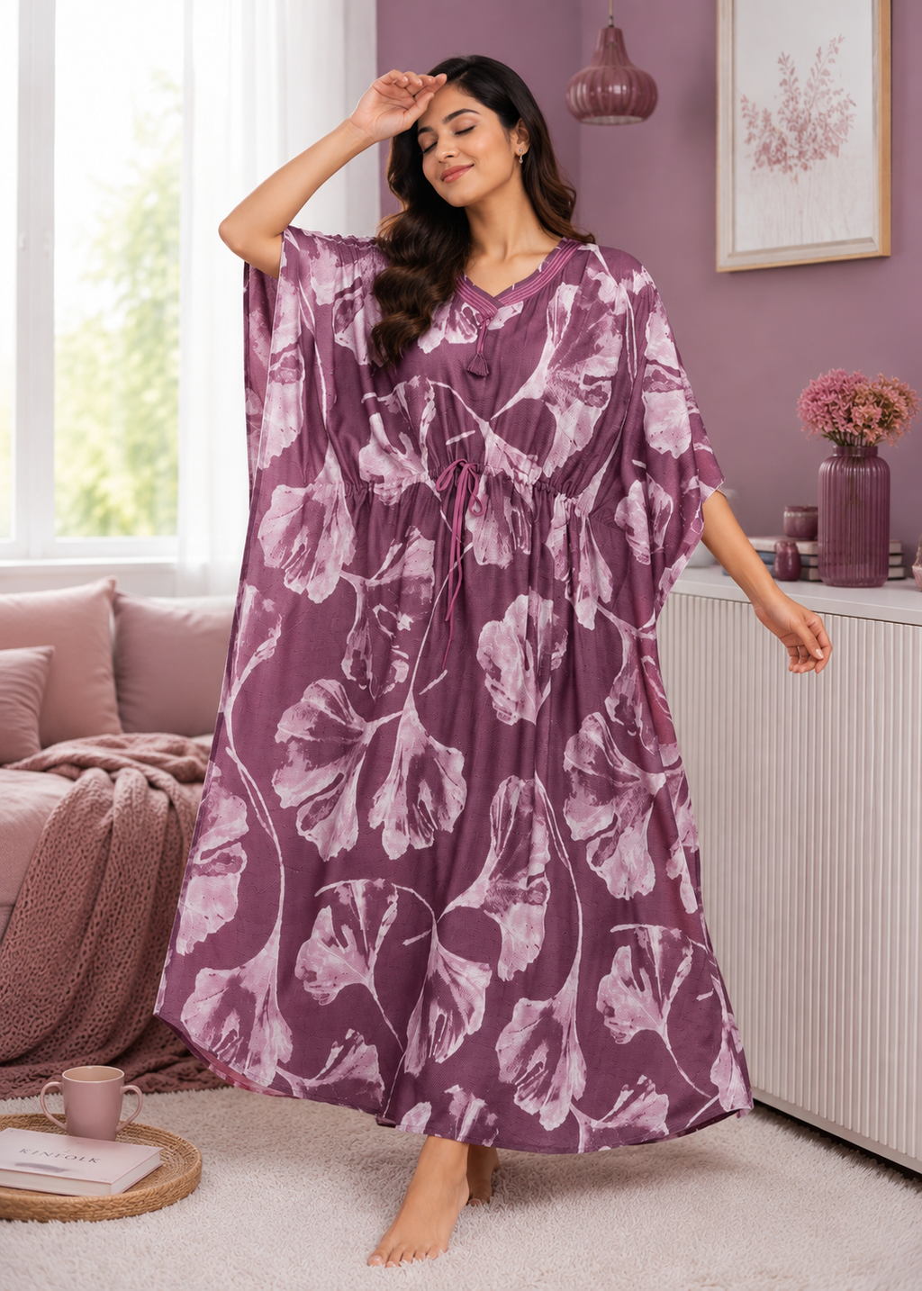 Dusty Plum Botanical Kaftan Nighty
