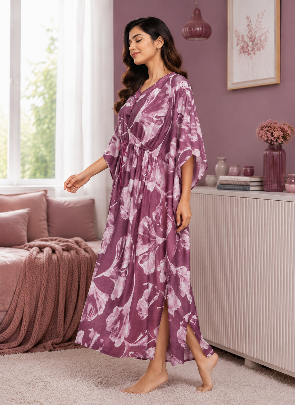 Dusty Plum Botanical Kaftan Nighty