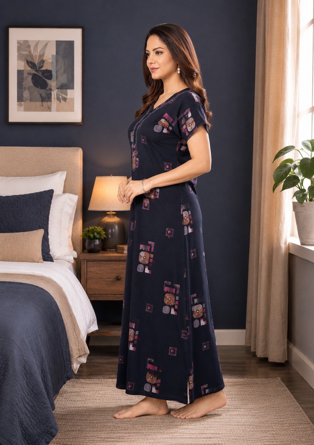 Navy Blue Geometric Alpine Nightgown