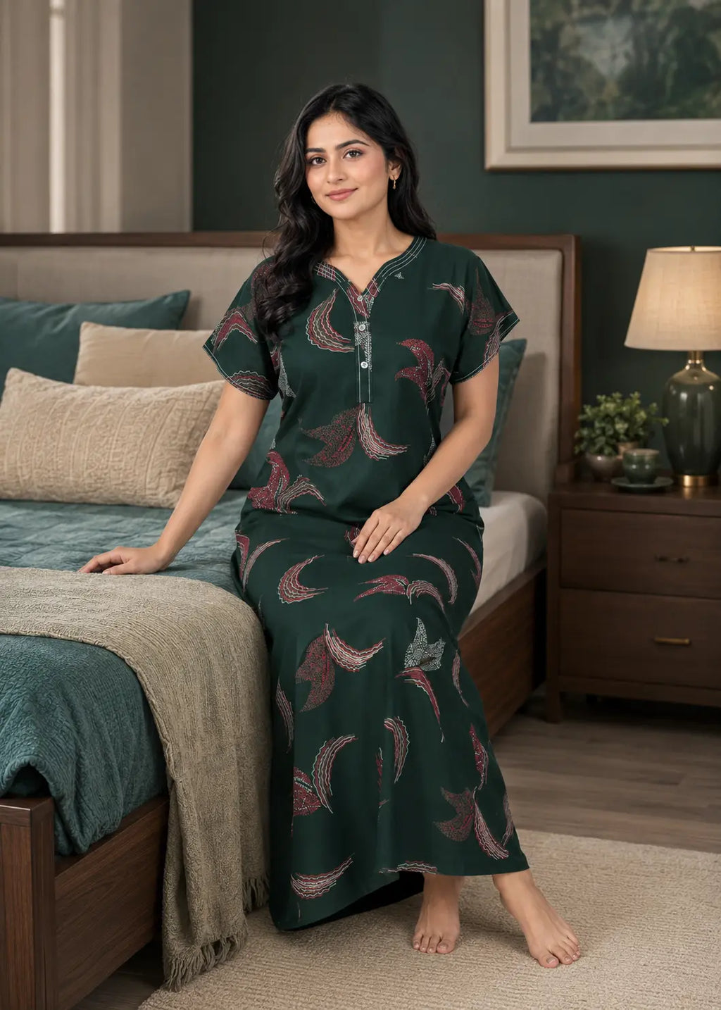 Forest Green Abstract Plume Alpine Nightgown
