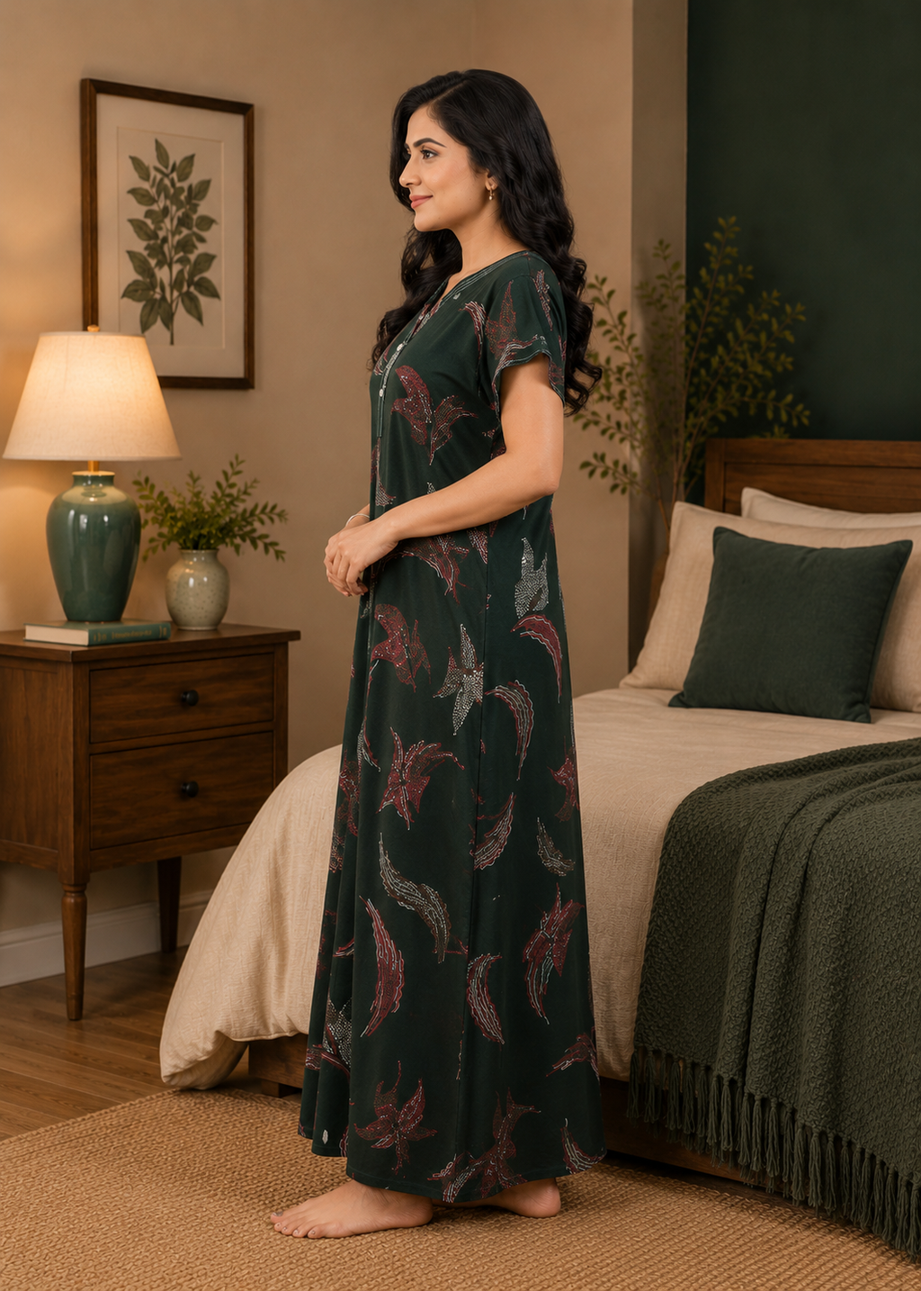 Forest Green Abstract Plume Alpine Nightgown