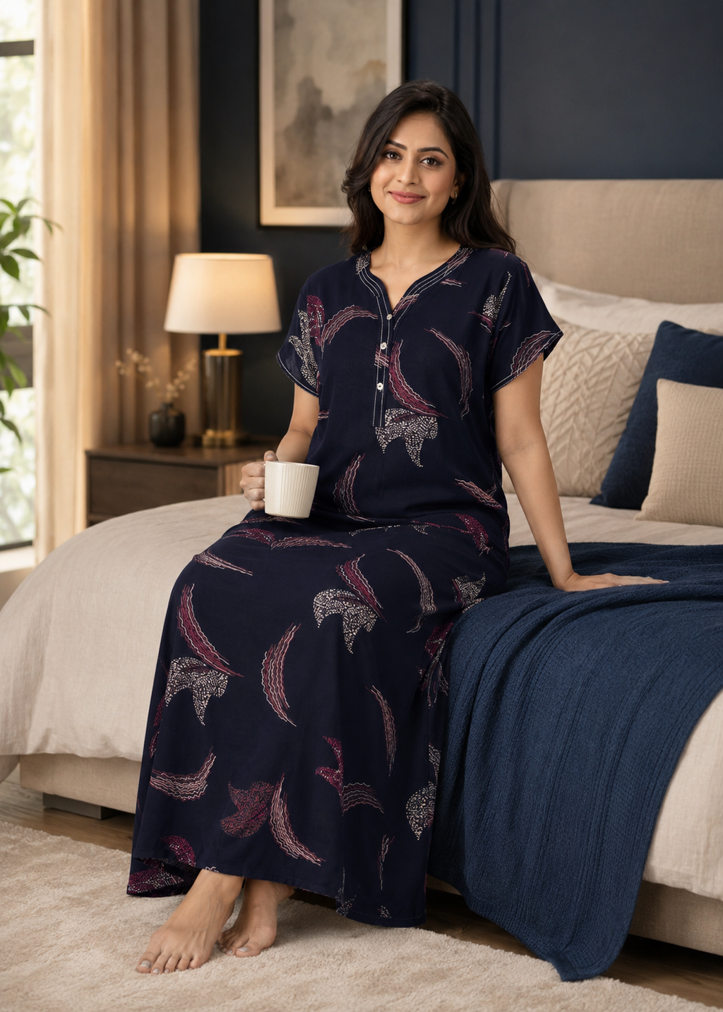 Navy Blue Abstract Plume Alpine Nightgown