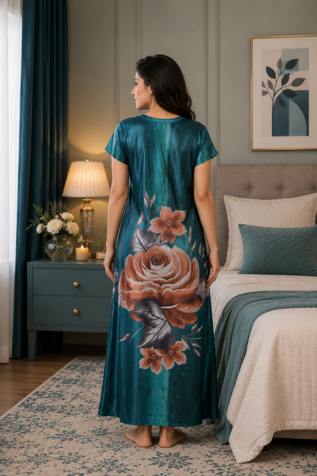 Teal Floral Satin Nightgown
