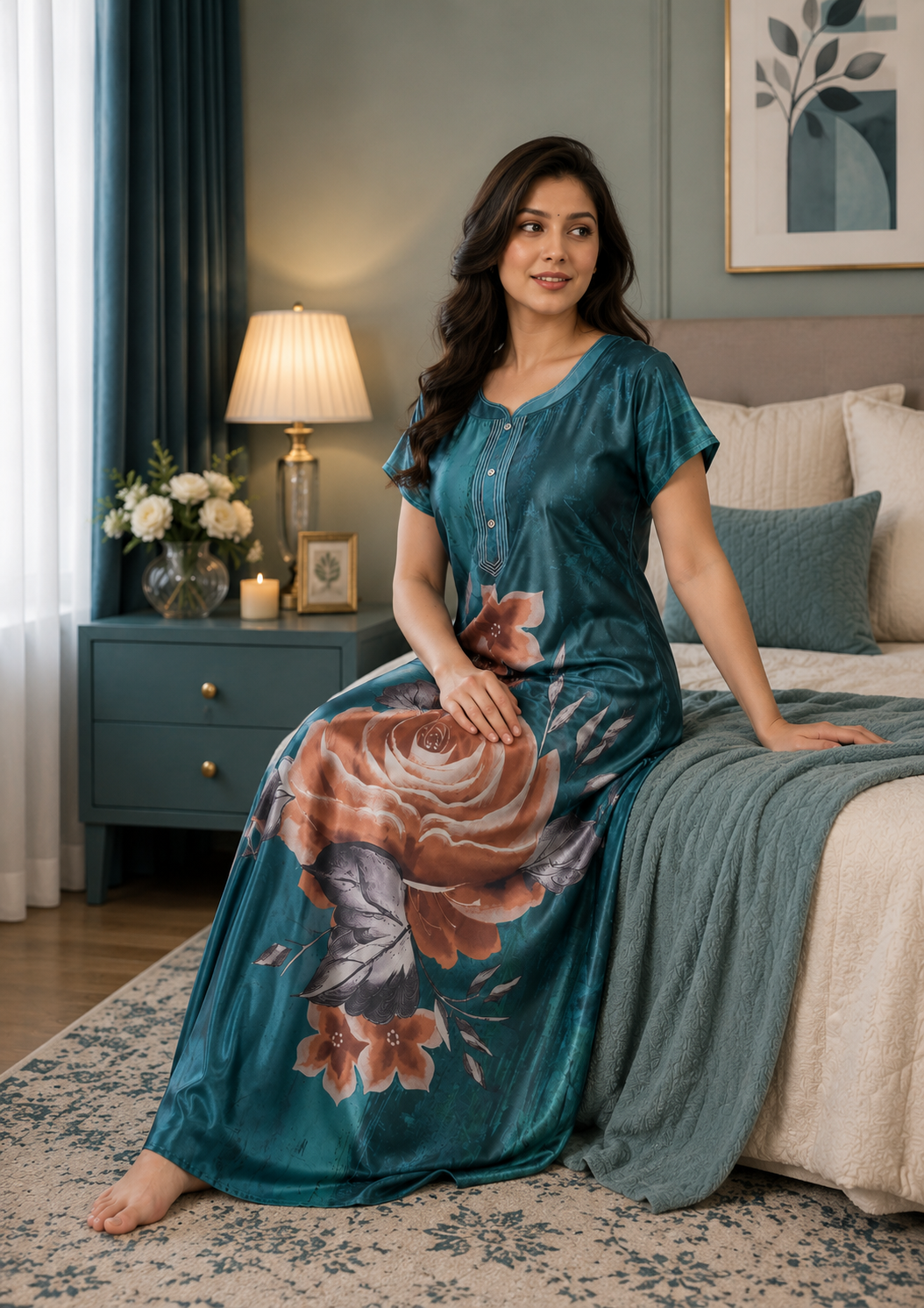 Teal Floral Satin Nightgown
