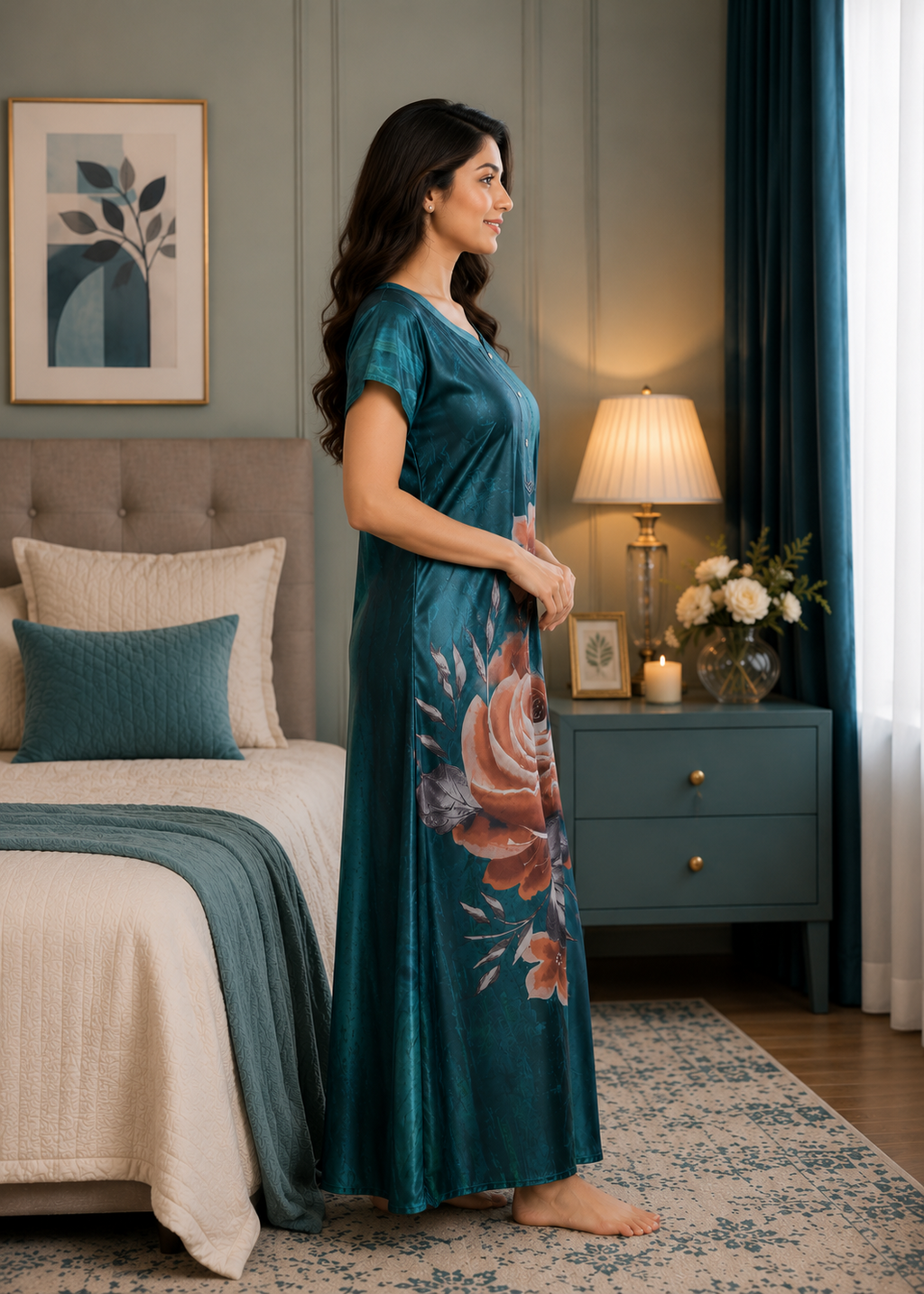 Teal Floral Satin Nightgown