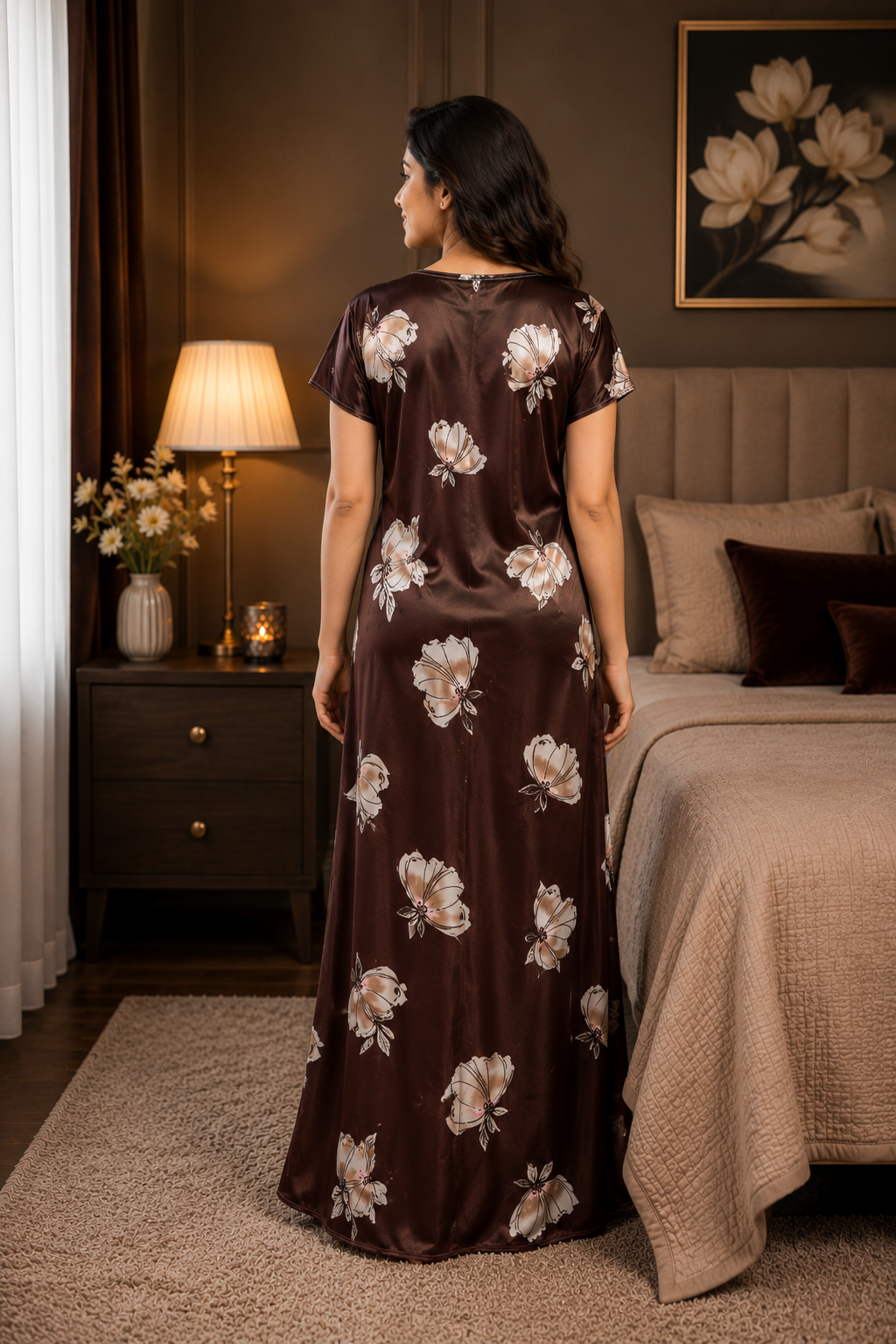 Chocolate Floral Satin Nightgown