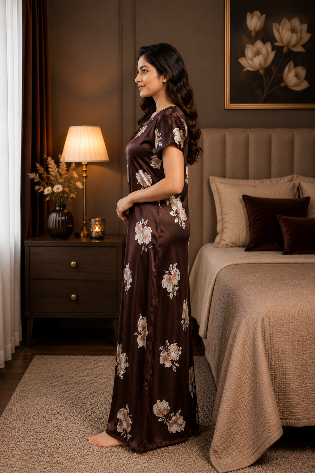 Chocolate Floral Satin Nightgown