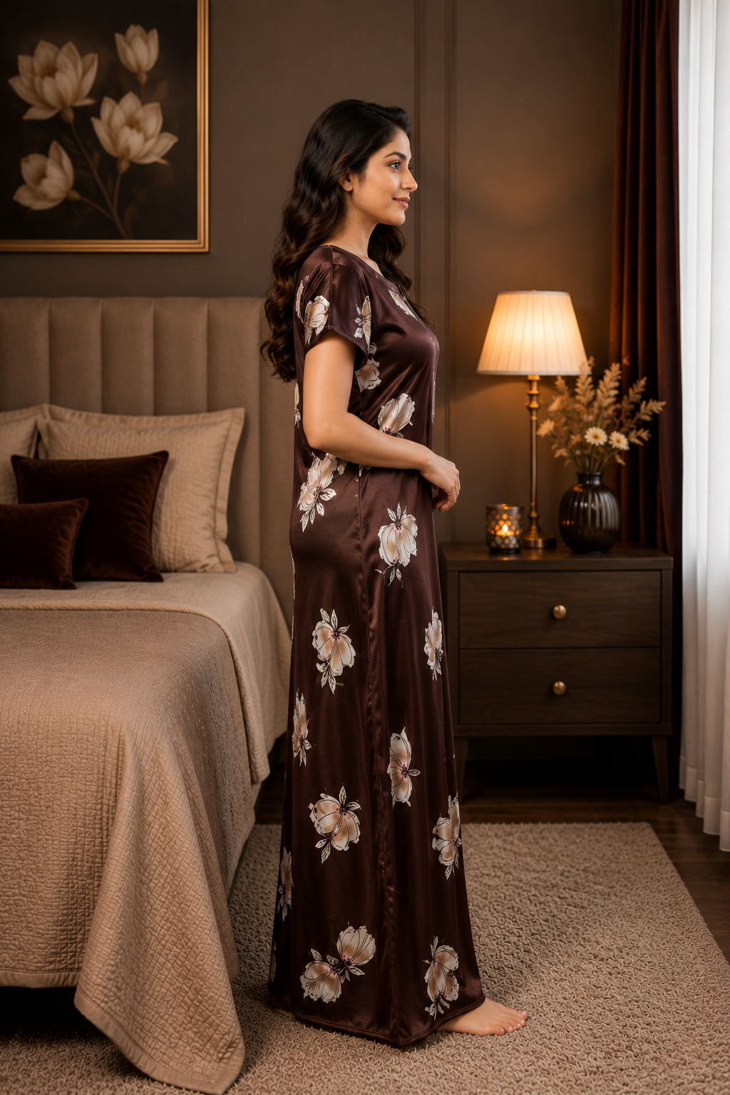 Chocolate Floral Satin Nightgown