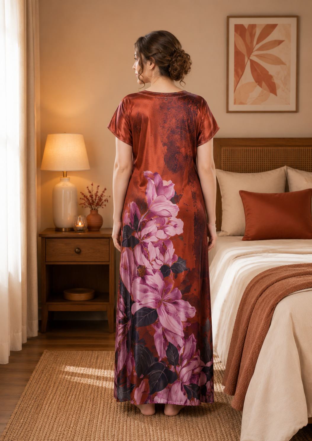 Rust Floral Satin Nightgown