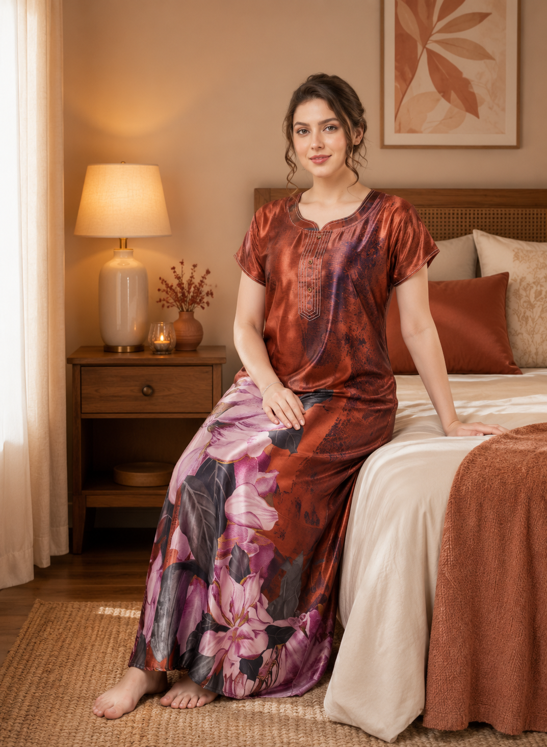 Rust Floral Satin Nightgown