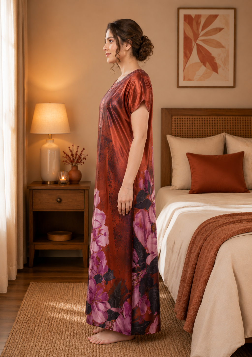 Rust Floral Satin Nightgown