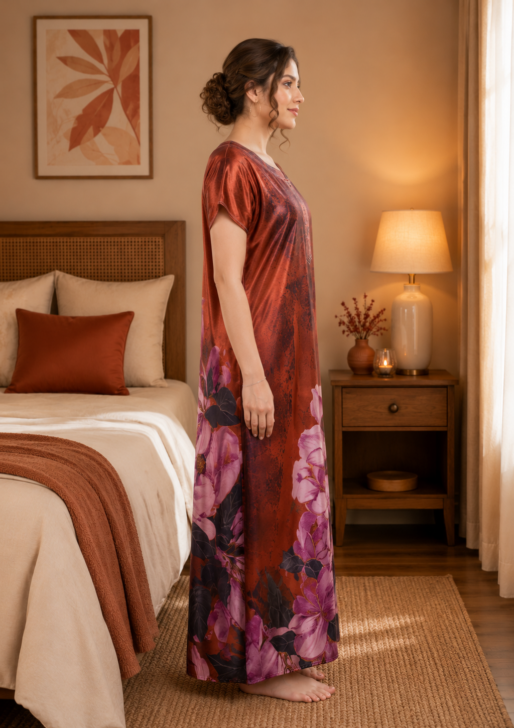 Rust Floral Satin Nightgown