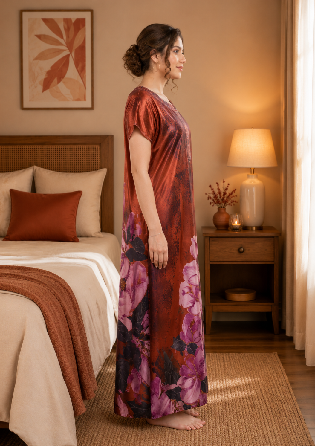 Rust Floral Satin Nightgown