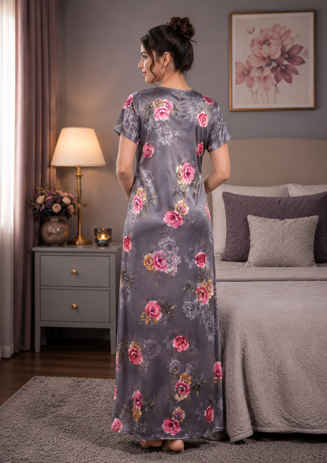 Grey Floral Satin Nightgown