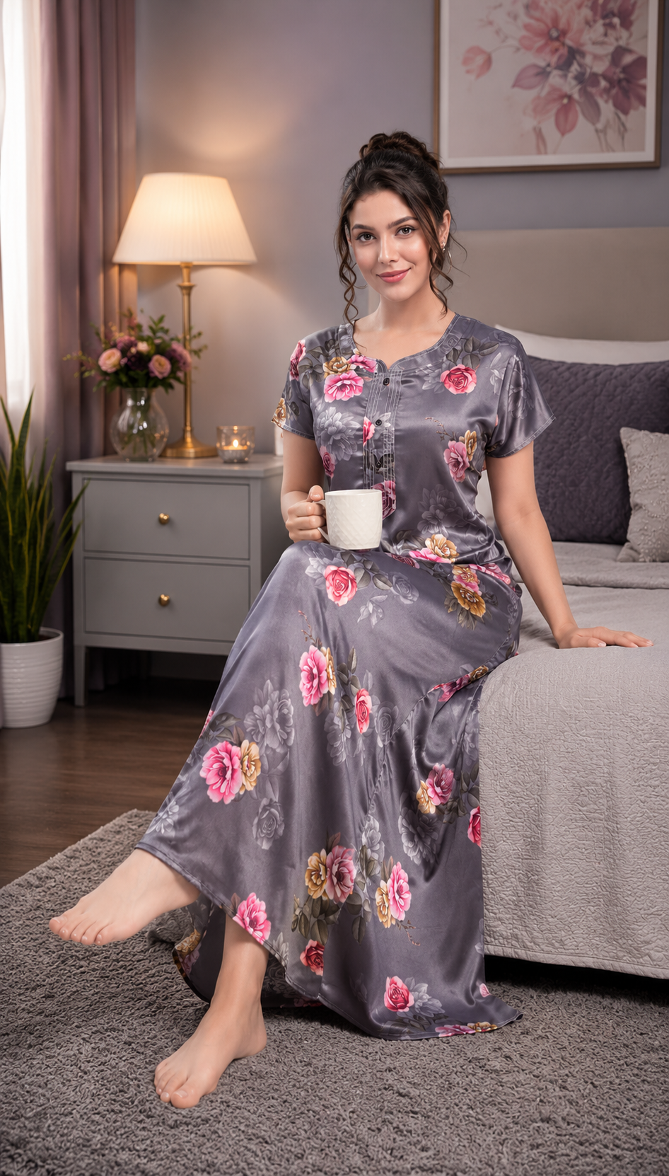 Grey Floral Satin Nightgown
