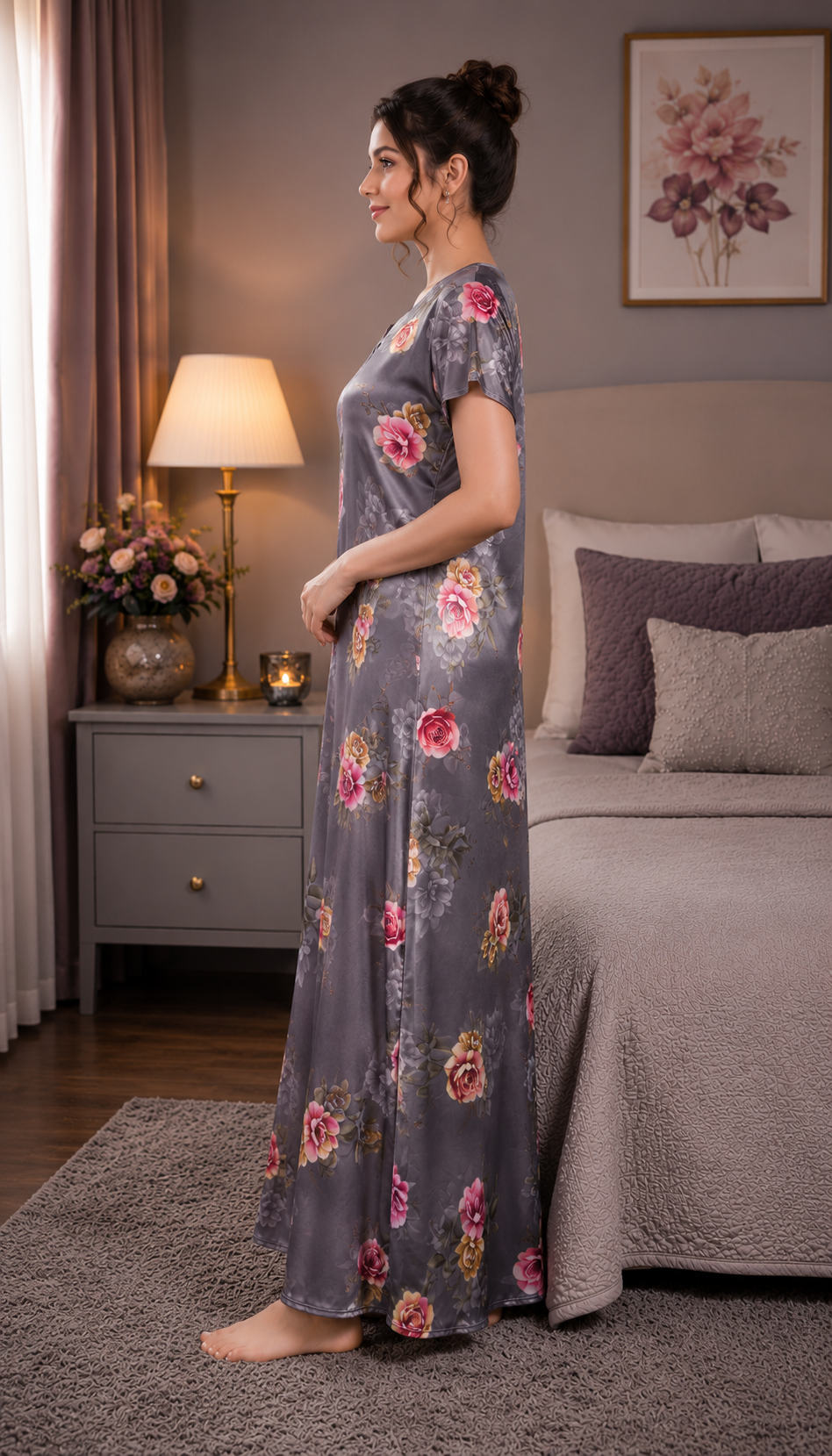 Grey Floral Satin Nightgown