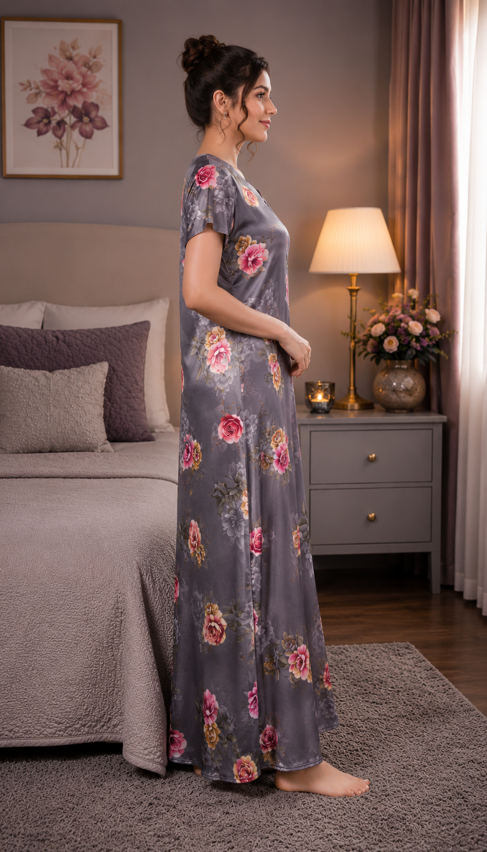 Grey Floral Satin Nightgown