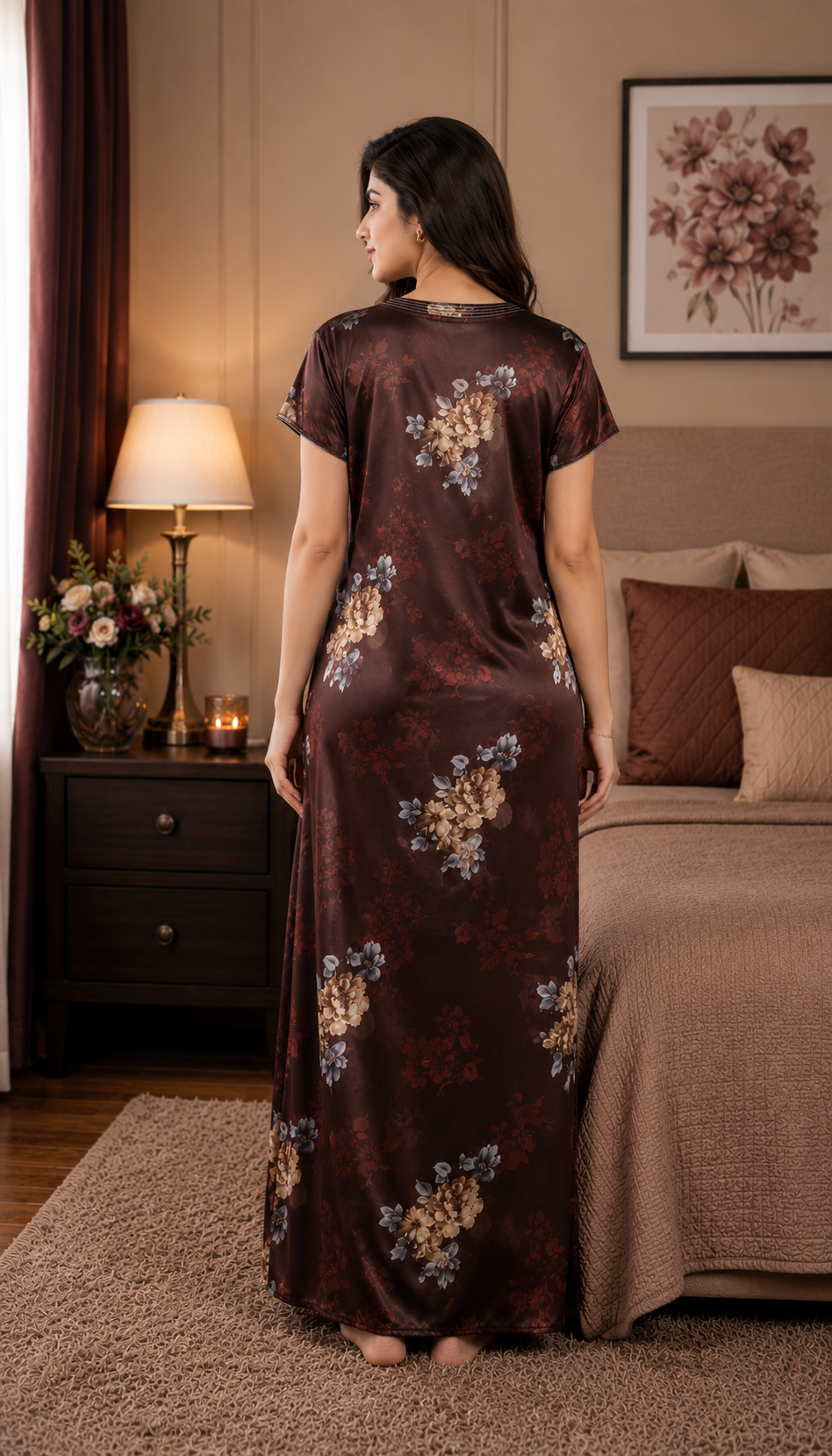 Brown Floral Satin Nightgown