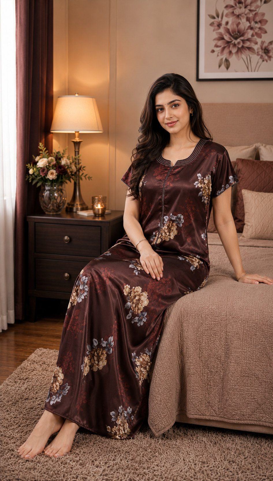 Brown Floral Satin Nightgown