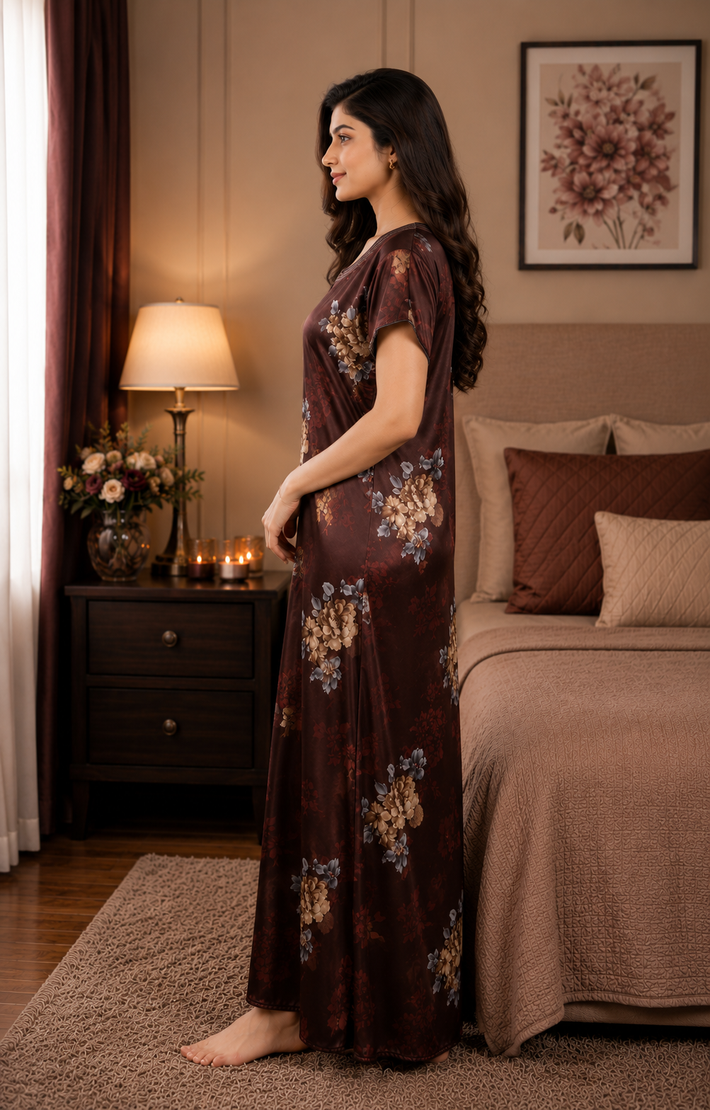 Brown Floral Satin Nightgown